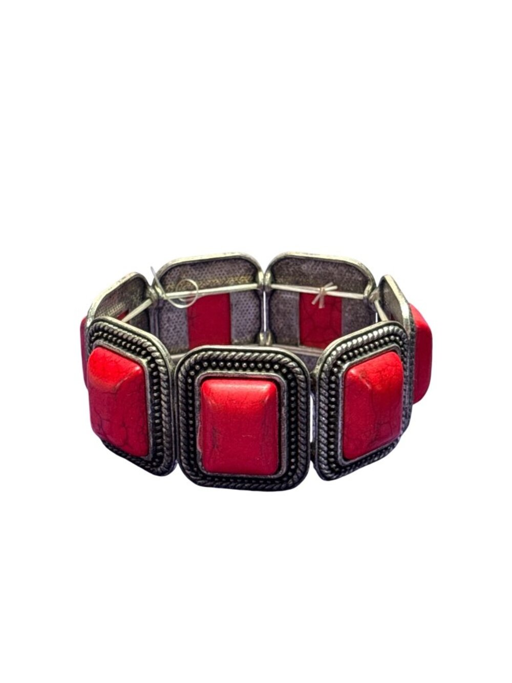 Silvertone Red Dyed Howlite Stretchy Bracelet 7 inches Unstretched Boho Retro